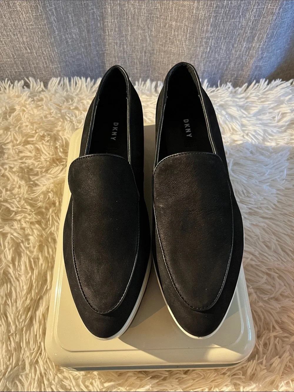 DKNY Black Slip-On Platform Loafers with White Trim